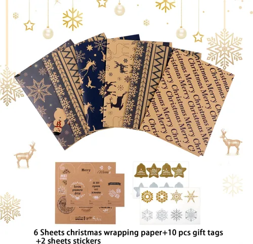 Miniatura 6 de Hojas de papel de regalo de Navidad, papel de regalo Kraft reciclado azul marino y marrón con etiquetas y pegatinas, papel de regalo de 6 hojas