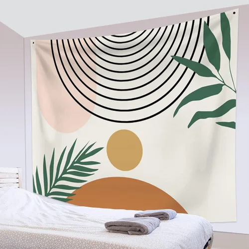 Miniatura 9 de Tapiz bohemio de mediados de siglo, moderno abstracto geométrico, tapiz con diseño de arco de sol, hojas verdes, tapices para colgar en la pared, 59
