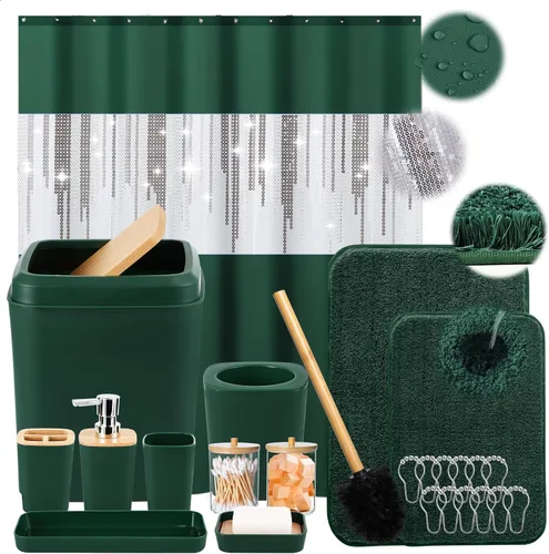 Miniatura 9 de Juego de accesorios de baño rosa con cortina de ducha y alfombras con purpurina, juegos de baño con alfombras de baño extrasuaves y absorbentes