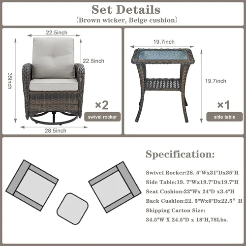 Miniatura 2 de Belord Sillas de Mimbre Giratorias Mecedoras para Patio - Juego de 2 Sillas Mecedoras Giratorias para Exteriores con Mesa Auxiliar de Ratán, Silla