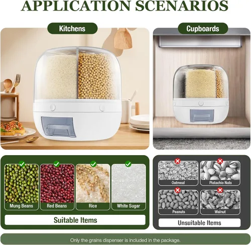 Miniatura 8 de Dispensador de arroz, contenedor de arroz giratorio de 360° con tapa y taza medidora, organizador de almacenamiento de granos para encimera