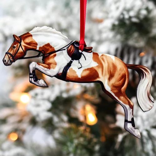 Miniatura 2 de Adorno de Navidad de caballo cazador, decoración de salto de caballo deportivo, regalos de caballo para ecuestre (Tobiano castaño y blanco)