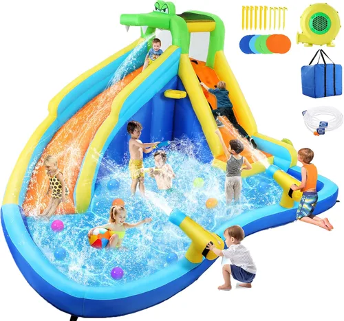 Whubefy Toboganes acuáticos inflables para niños con soplador de 450 W, parque acuático inflable 6 en 1, tobogán acuático de 158 x 138 x 89 pulgadas
