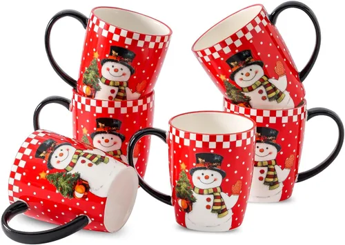 HASENSE Juego de 6 tazas de café de cerámica con asa, taza grande de café con leche de Navidad para té, cacao caliente, leche, elegante taza para