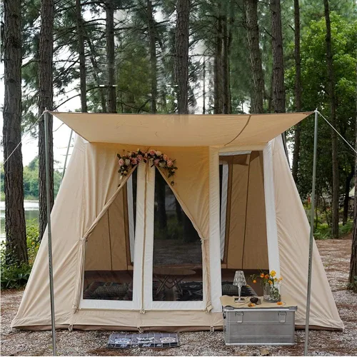 Miniatura 2 de Tienda de campaña de lona de algodón impermeable para 4 estaciones, refugios para acampar al aire libre con toldo y puertas de malla extra anchas