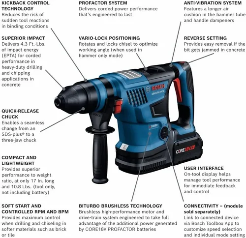 Miniatura 2 de BOSCH GBH18V-34CQB24 PROFACTOR™ 18V Conectado-Ready SDS-plus® Bulldog™ 1-1/4" Martillo giratorio con (2) baterías de alta potencia CORE18V® de 8 Ah