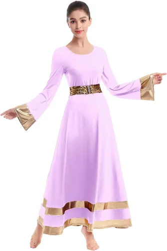 Miniatura 2 de IBAKOM Túnica de manga larga para mujer, vestido litúrgico de baile completo con cinturón de lentejuelas