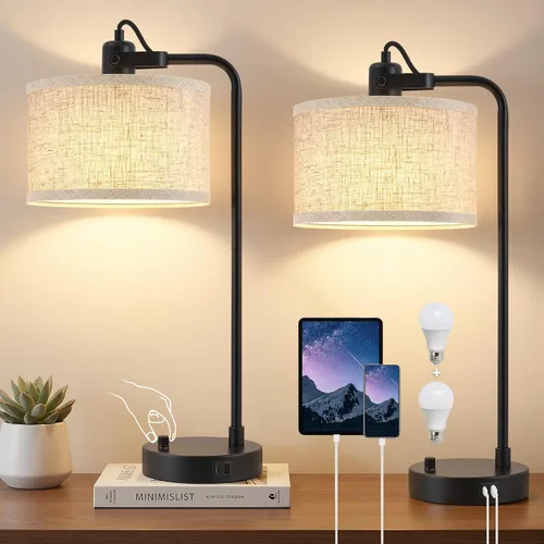 Miniatura 8 de Luvkczc Lámpara de Mesa para Dormitorio Juego de 2 con Puertos USB C+A - Lámpara de Noche Totalmente Regulable Sin Escalones con Pantalla de Lino