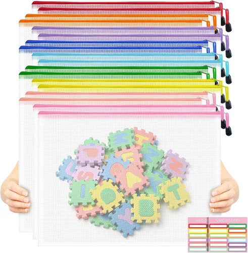 Miniatura 45 de 9 bolsas de malla con cremallera, tamaños A3, 9 colores, almacenamiento de juegos de mesa, viajes, escuela, organización de oficina