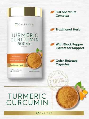Miniatura 4 de Carlyle Suplemento de curcumina de cúrcuma 180 cápsulas con extracto de pimienta negra Sin OMG y sin gluten
