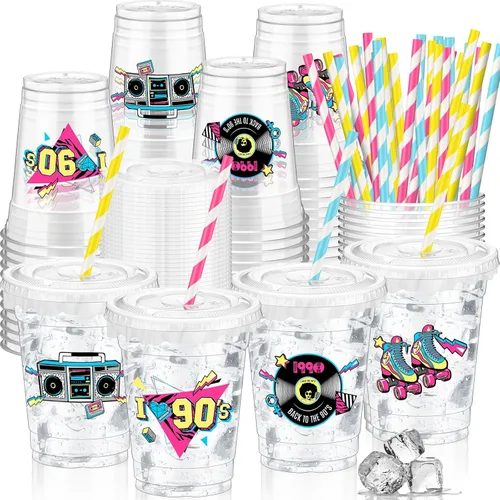 FoldTier 50 Piezas Decoración de Fiesta Temática de los Años 90 Vasos de los 90s Vasos Desechables de Plástico 12 oz Regresa al Vaso Taza Gruesa