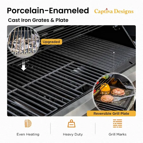 Miniatura 2 de Captiva Designs - Barbacoa de gas propano de 6 quemadores con quemador lateral y rejilla y placa de hierro fundido esmaltada en porcelana