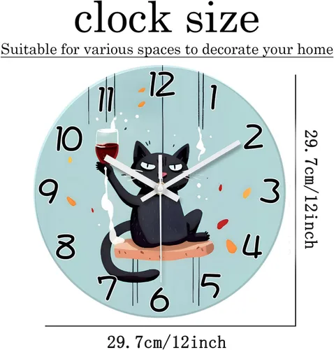 Miniatura 5 de XNM Reloj de Pared Analógico de Vidrio Operado por Batería 12 Pulgadas Redondo de Cuarzo Reloj de Gato Negro para Cocina Reloj de Pared Silencioso