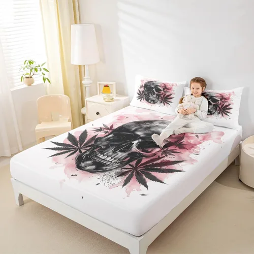 Miniatura 27 de Erosebridal Sábanas de cama de polilla de la muerte, sábana bajera ajustable de calavera gótica, tamaño individual, sábanas florales de flores