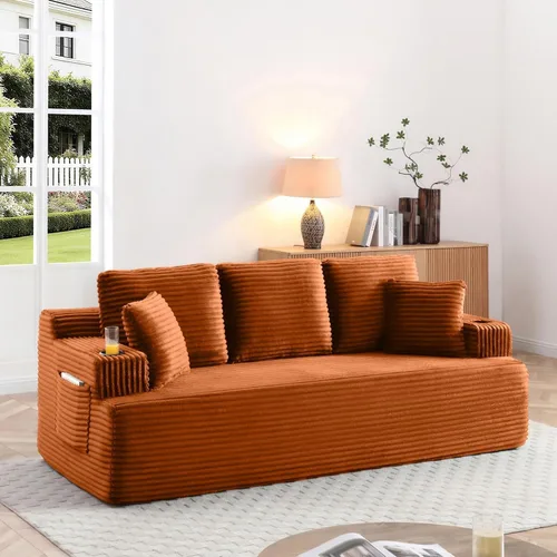 Miniatura 32 de Sofá sin hueso de 66.5 pulgadas con portavasos y bolsillos laterales, sofá biplaza tapizado de tela de pana moderna con 2 almohadas para sala