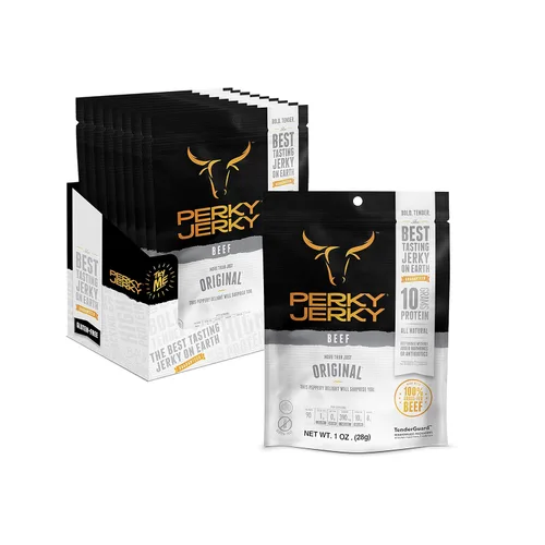 Perky Jerky Carne seca original 100% alimentada con pasto, 1 onza (paquete de 12), sin antibióticos, 0.35 onzas de proteína por porción, baja en