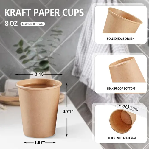 Miniatura 2 de SIUQ Paquete de 400 vasos de papel Kraft de 8 onzas, vasos de café de papel desechables sin blanquear, tazas gruesas para bebidas calientes/frías