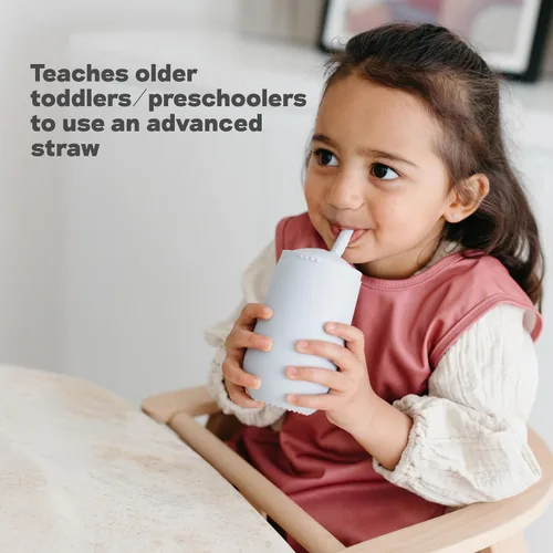 Miniatura 5 de ezpz Happy Cup + sistema de popote (azul) - 24 meses + - Taza 100% de silicona + popote para niños mayores + preescolares - Diseñado por un