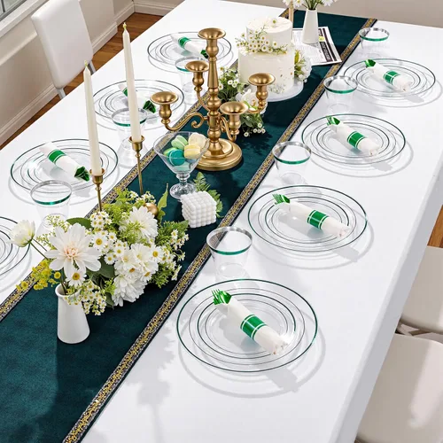 Miniatura 4 de I00000 - Juego de vajilla de plástico verde de 210 piezas para 30 invitados Incluye: 30 platos de cena transparentes de plástico verde, 30 platos