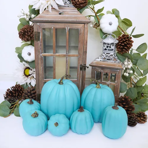 Miniatura 7 de Winlyn 7 Piezas Calabazas Artificiales Surtidas de Color Azul Verdoso para Halloween, Calabazas Decorativas Costeras de Espuma Falsas para Otoño