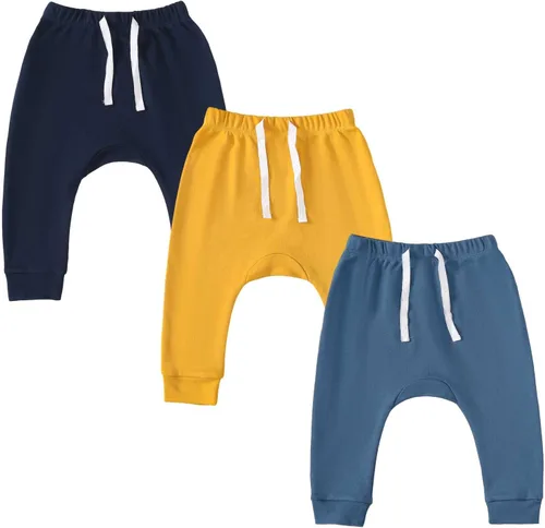 SOBOWO Paquete de 3 pantalones deportivos para bebé recién nacido, harén de algodón, para niños y niñas, 0-3T entrelazados, 195 GSM
