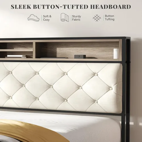 Miniatura 5 de YITAHOME Base de cama de plataforma tamaño Queen con cabecera de 45.2 pulgadas de alto, cabecera de almacenamiento tapizada con estación de carga