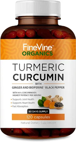 Curcumina de cúrcuma con pimienta negra y jengibre BioPerine, fabricada en Estados Unidos, 120 cápsulas vegetarianas para absorción avanzada, apoyo