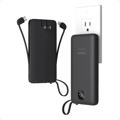 Miniatura 8 de Cargador portátil con cables integrados, cargador de batería TESSAN de 10000 mAh de carga rápida con cargador de pared plegable, paquete de batería