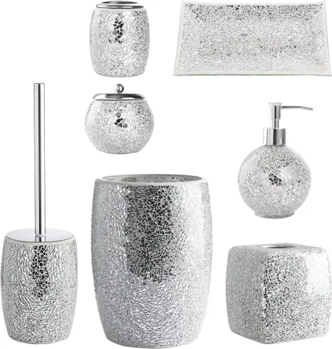 Miniatura 2 de WHOLE HOUSEWARES Juego de escobillas de inodoro moderno (plateado) - Accesorio de baño de mosaico de vidrio con cerdas resistentes y soporte