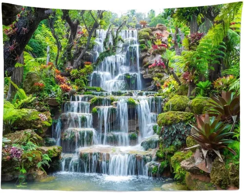 Miniatura 13 de BELECO Tapiz de lago bosque, pintoresco tapiz de cascada de montaña, tapiz para colgar en la pared, increíble cascada en el parque nacional