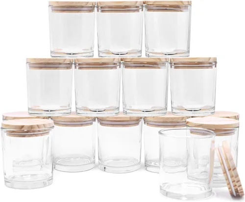 SHOWIN Tarros de vela gruesos de 8 onzas para hacer velas, 15 unidades, tarros vacíos transparentes con tapas de madera para hacer velas, contenedor