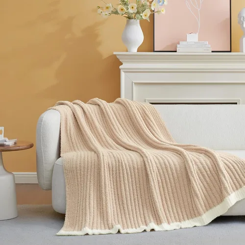 Miniatura 2 de Snuggle Sac Manta suave y acanalada beige para sofá, lujosa manta de punto mullida y acogedora para todas las estaciones, manta netural reversible