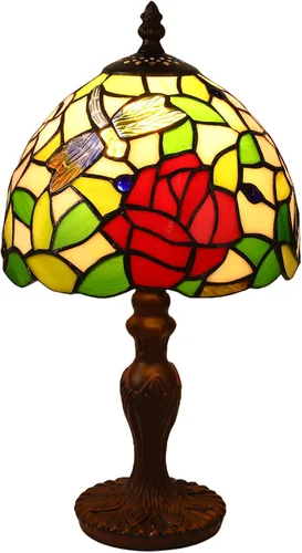 Miniatura 10 de Lámpara de Mesa Estilo Tiffany 3 Temperaturas de Color Lámparas de Vidrio Emplomado con Flores Rosas Lámpara de Mesa Pequeña Antigua para Mesita