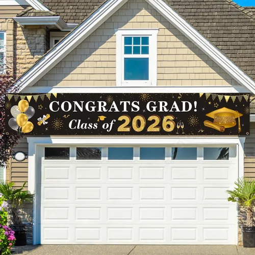 Miniatura 5 de Decoraciones de graduación 2026 Congrats Grad Class of 2026 - Cartel de graduación negro y dorado para patio, decoraciones colgantes para interiores