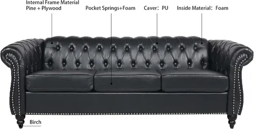 Miniatura 5 de Sofá Chesterfield moderno de tres plazas, sofá de piel sintética con brazos enrollados, cómodos sofás para sala de estar, oficina, sala de recepción