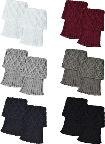 Pangda 6 pares de calcetines para botas de mujer, puños de punto de ganchillo, calentadores de piernas cortas, tops de botas de invierno, colores