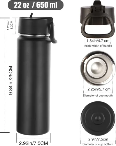 Miniatura 2 de Volhoply Botellas de agua aisladas con pajita, paquete de 2 unidades, 22 onzas de capacidad, botella deportiva de acero inoxidable con asa y tapa