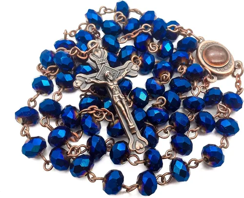 Nazareth Store Collar de rosario de cuentas de cristal azul profundo, oración católica Jerusalén, medalla del suelo sagrado, cruz Tierra Santa,
