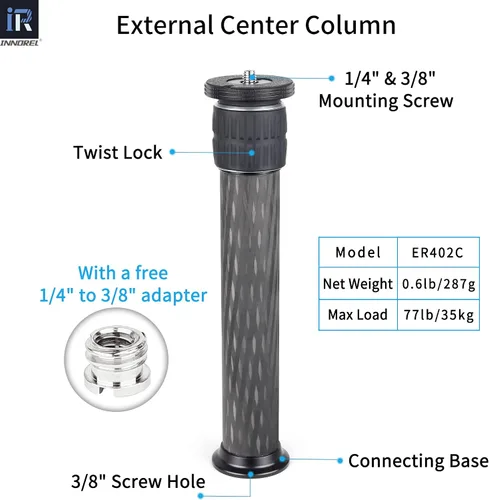 Miniatura 2 de INNOREL ER362C Universal 10 capas de fibra de carbono trípode centro columna extensión extensión poste extensor - dos secciones media columna