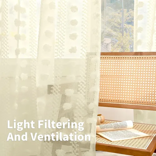 Miniatura 3 de BGment Cortinas traslúcidas con pompones de 63 pulgadas de largo, cortinas bohemias texturizadas filtrantes de luz con bolsillo para barra y pestaña