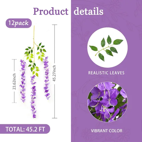 Miniatura 2 de Paquete de 12 guirnaldas de flores colgantes de glicina morada, enredaderas de flores artificiales de 3.77 pies, glicinia falsa, guirnalda colgante