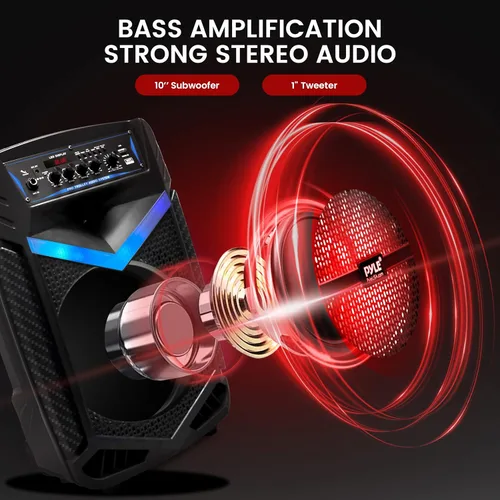 Miniatura 2 de Pyle Altavoces Portátiles Bluetooth con Subwoofer de 10 Pulgadas, Altavoz Inalámbrico con Radio FM, Sistema de Karaoke y Batería Recargable, Luces