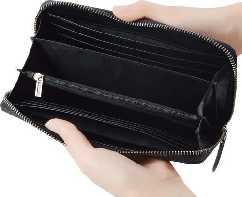 Miniatura 37 de VISOUL Cartera larga de cuero con cremallera para hombres y mujeres con bloqueo RFID, cartera larga de embrague grande con cremallera, Negro