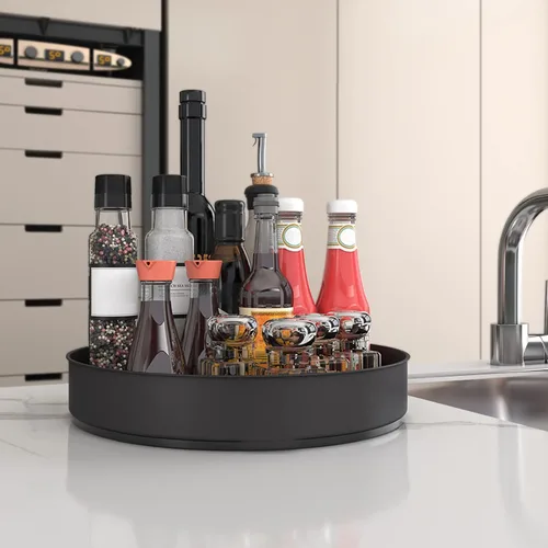 Miniatura 4 de VAEHOLD Lazy Susan - Estante giratorio de acero inoxidable negro para armario de despensa, bandejas decorativas, contenedores de almacenamiento