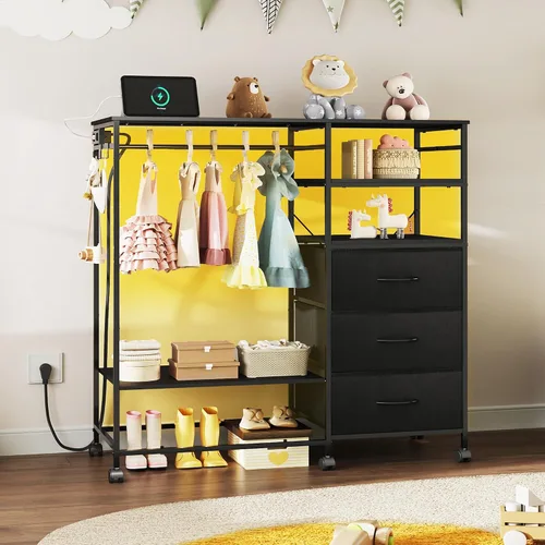 Miniatura 7 de WLIVE Cómoda negra con estante colgante para dormitorio, cómoda de 3 cajones con luces LED y estación de carga, cómoda de tela y cómoda, organizador