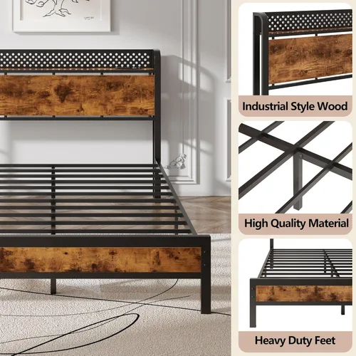 Miniatura 5 de Furnulem Base de cama Queen con almacenamiento de cabecero, marco de cama tamaño Queen con estación de carga y luces LED, no necesita somier