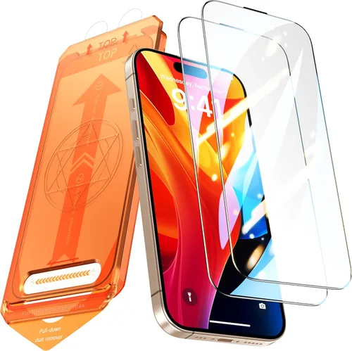 Paquete de 2 protectores de pantalla para iPhone 15 Pro, dureza 9H, protector de pantalla de vidrio templado con kit de alineación automática,