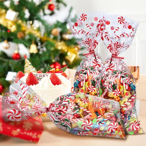 Miniatura 5 de Boao 100 bolsas de celofán, bonitas bolsas de golosinas transparentes con 150 lazos giratorios para suministros de fiesta (estilo navideño 11)