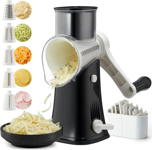 Rallador de queso giratorio con manivela, triturador de queso de 5 cuchillas, succión más fuerte, fácil de limpiar para frutas, verduras, nueces,