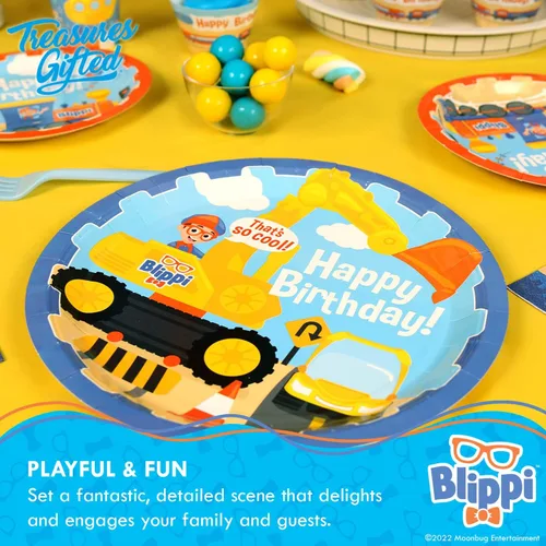 Miniatura 7 de Treasures Gifted Suministros para fiesta de cumpleaños con licencia oficial de Blippi, sirve para 16 invitados, juego clásico de vajilla